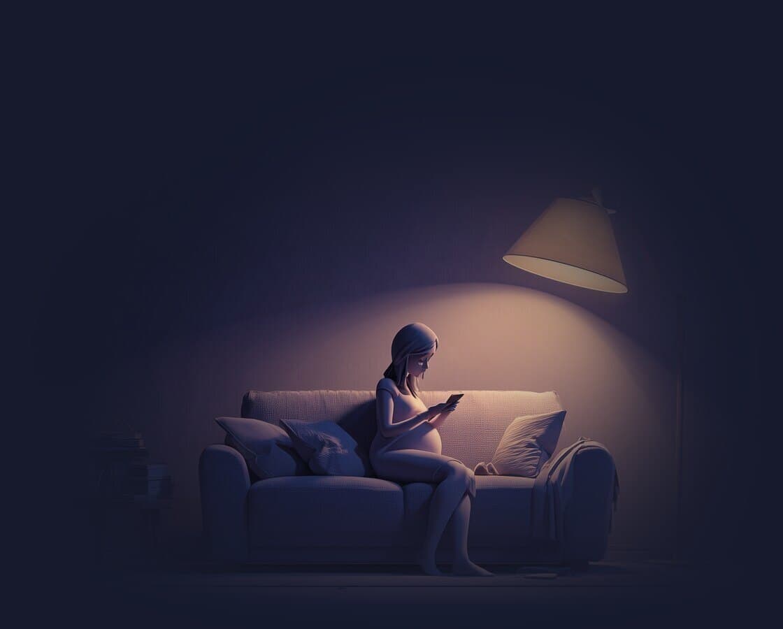 A woman on a sofa at night, reading her phone by lamplight
