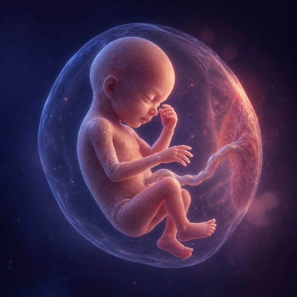 Baby at week 19, curled up in soft light