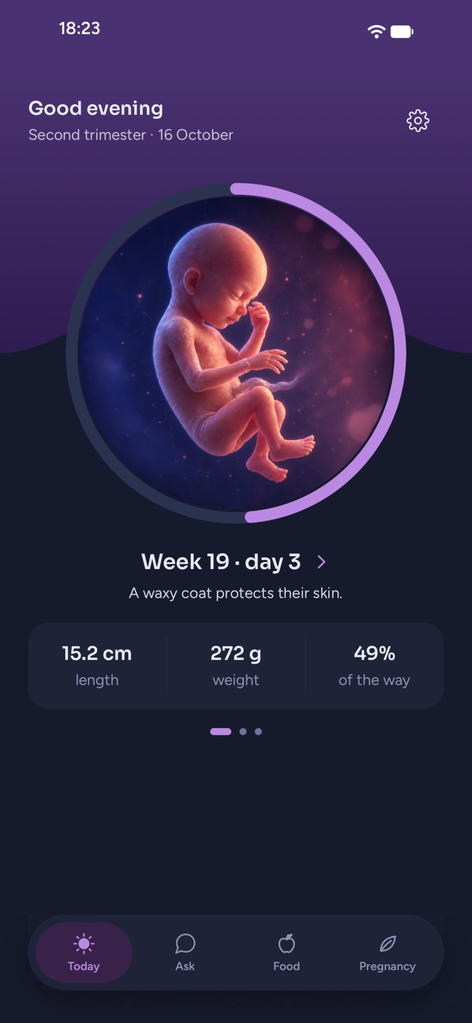 The Today screen: a baby at week 19, with length and weight