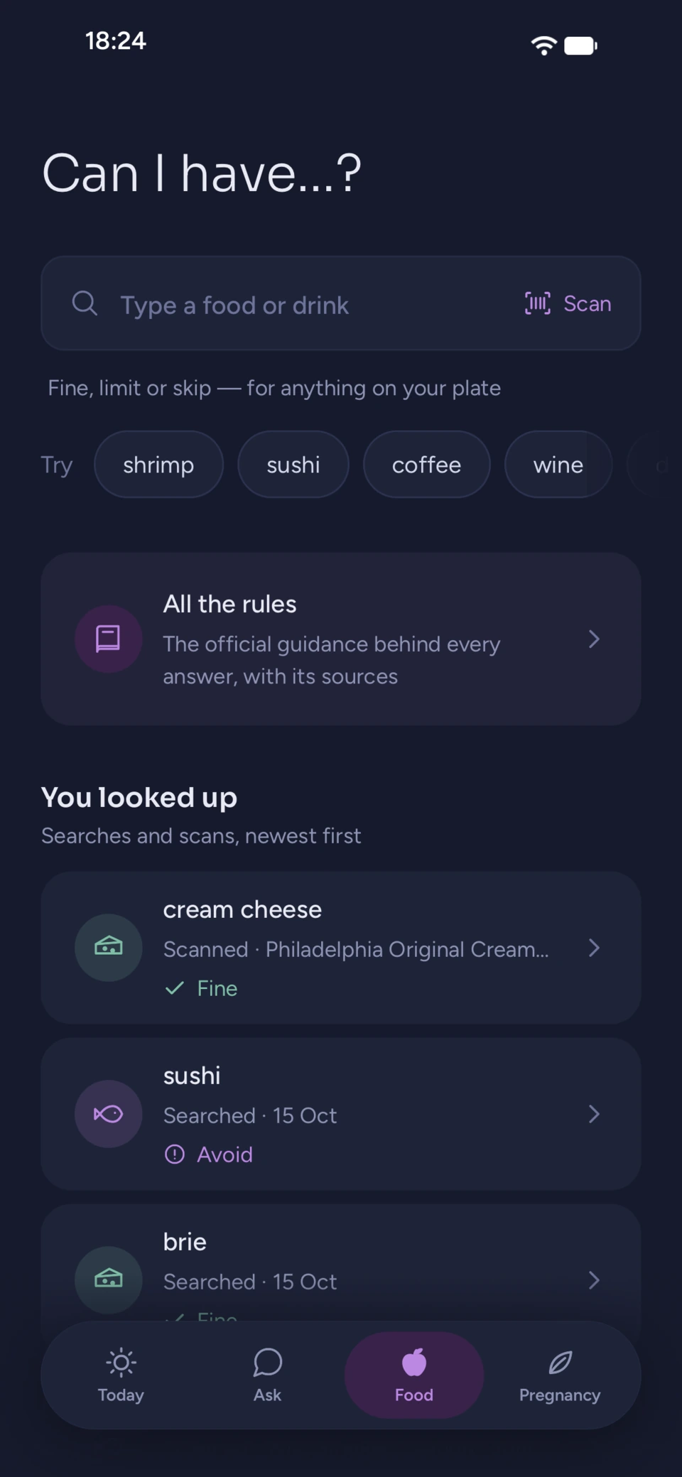The food screen: search for a food or scan a barcode