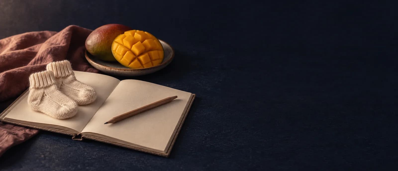 A pair of knitted baby socks on an open notebook with a pencil, beside a cut mango on a plate